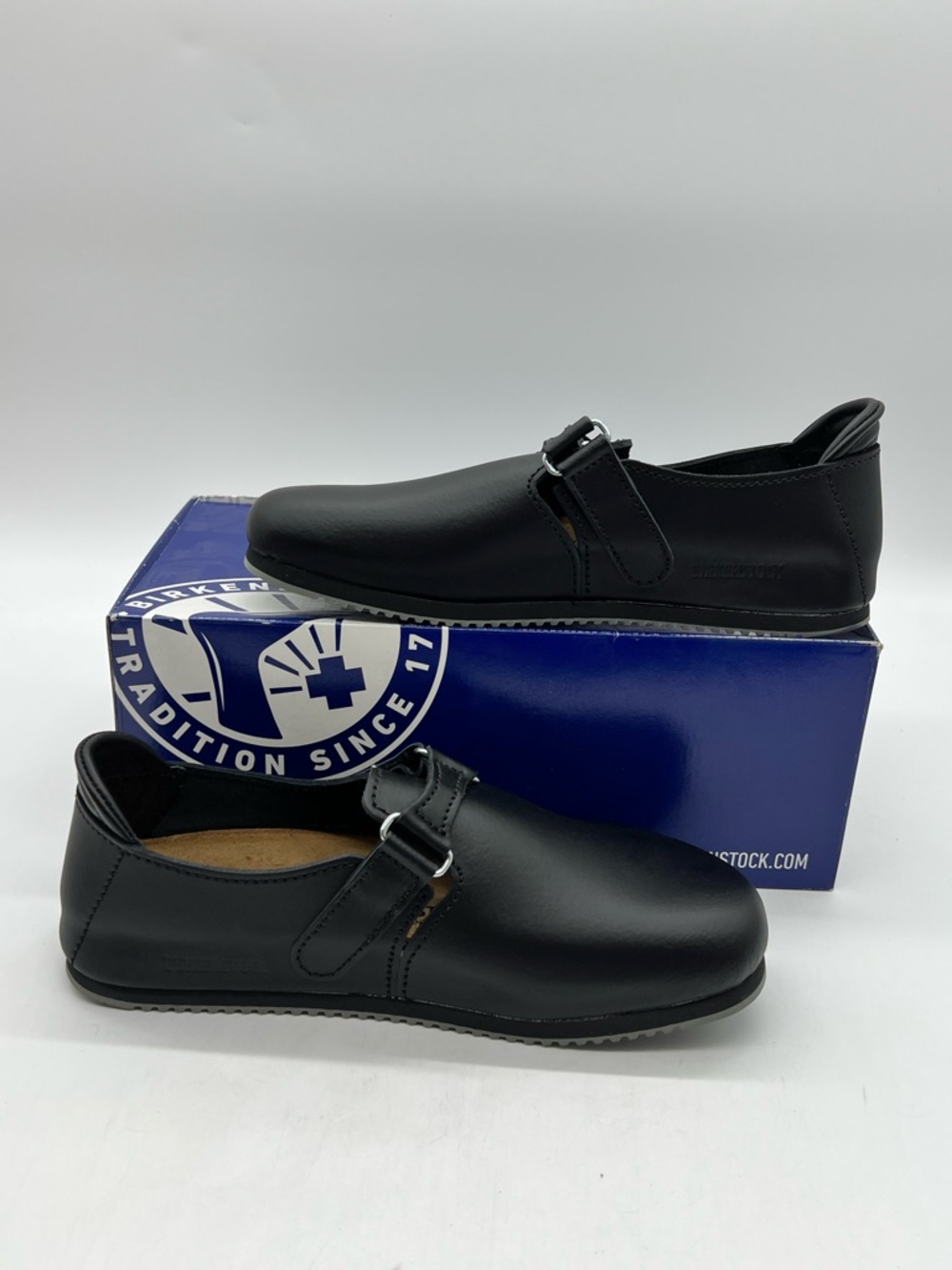 Birkenstock Linz Men 10 Narrow Black Leather Super Grip Strap Buckle Clogs Shoes